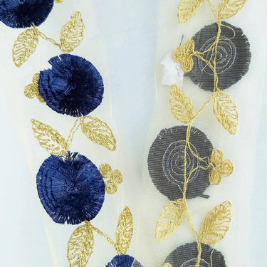 Beige Net Lace Trim With Blue / Beige / Red Thread Flowers and Gold Leaves Embroidery, Approx. 95mm wide